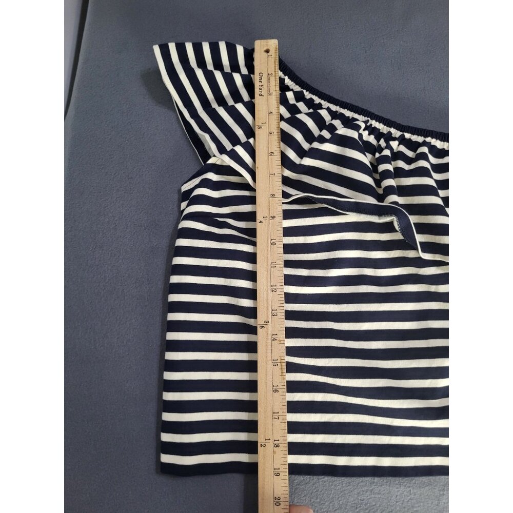 J. Crew One Shoulder Striped Ruffle Top Navy Cream SZ XS Preppy Cotton Classic - Picture 6 of 10